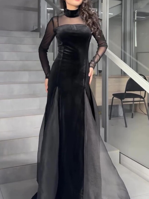 Black Velvet Patchwork Mesh Maxi Dress - Image 3