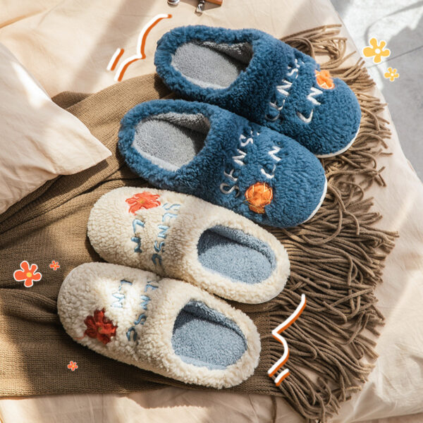 Ins Cute Flower Fleece Slippers Winter Warm Bedroom Floor Slippers Indoor Non-slip Plush Shoes For Women - Image 2