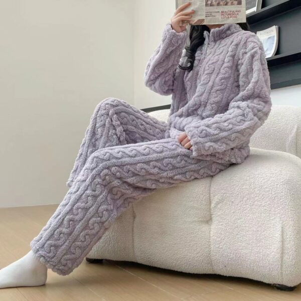 Autumn And Winter New Twist Zipper Couple Fleece-lined Thick Coral Fleece Pajamas Homewear Loungewear Sleepwear For Sleeping - Image 7