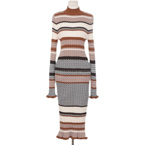 Slim Fit Long Knitted Colorblock Sweater Base Dress - Image 4