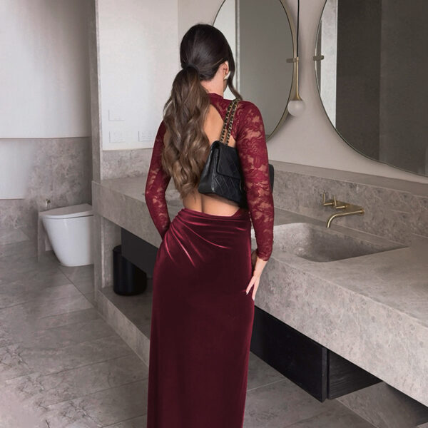 Sexy Slim-fitting Patchwork Lace Velvet Dress - Image 6