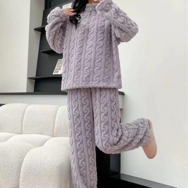 Autumn And Winter New Twist Zipper Couple Fleece-lined Thick Coral Fleece Pajamas Homewear Loungewear Sleepwear For Sleeping - Image 3