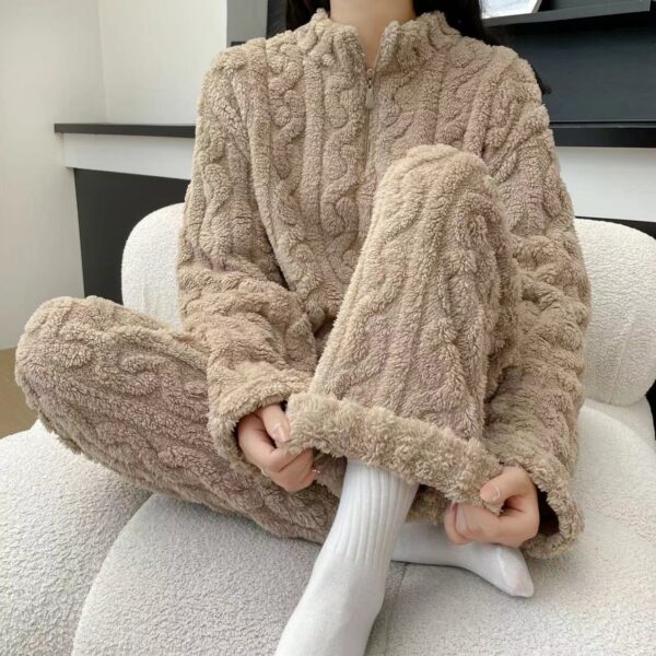 Autumn And Winter New Twist Zipper Couple Fleece-lined Thick Coral Fleece Pajamas Homewear Loungewear Sleepwear For Sleeping - Image 10