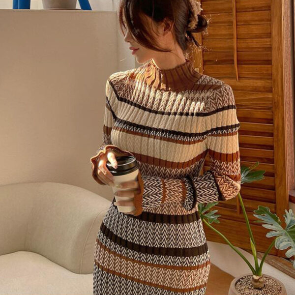 Slim Fit Long Knitted Colorblock Sweater Base Dress - Image 5