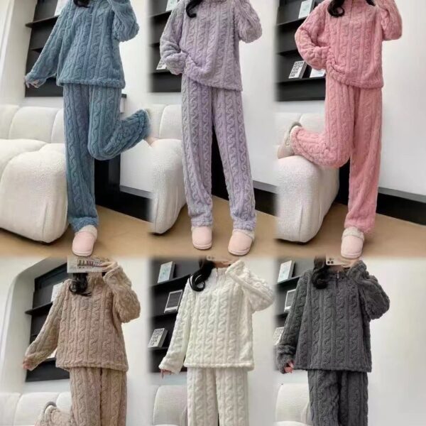 Autumn And Winter New Twist Zipper Couple Fleece-lined Thick Coral Fleece Pajamas Homewear Loungewear Sleepwear For Sleeping - Image 6