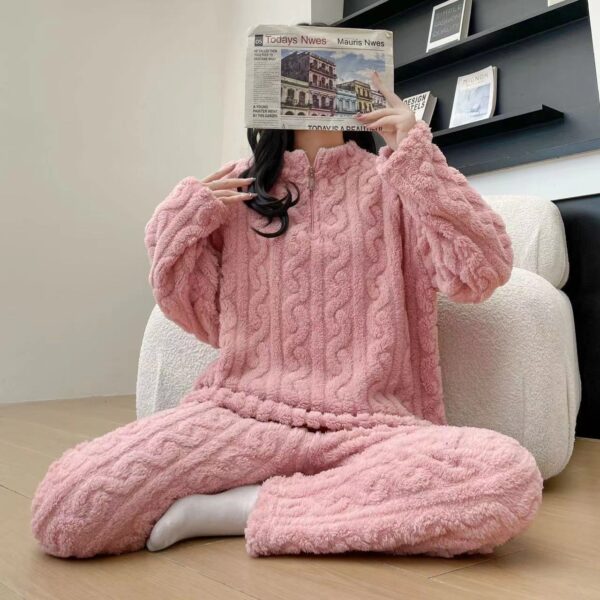 Autumn And Winter New Twist Zipper Couple Fleece-lined Thick Coral Fleece Pajamas Homewear Loungewear Sleepwear For Sleeping - Image 5