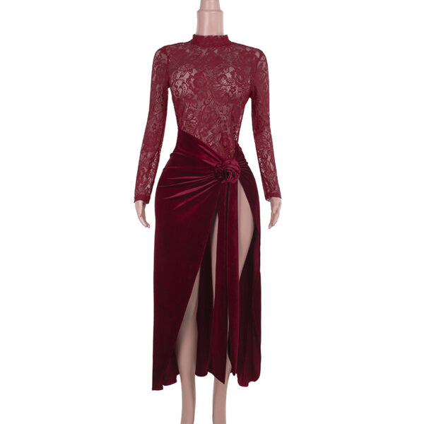 Sexy Slim-fitting Patchwork Lace Velvet Dress - Image 5