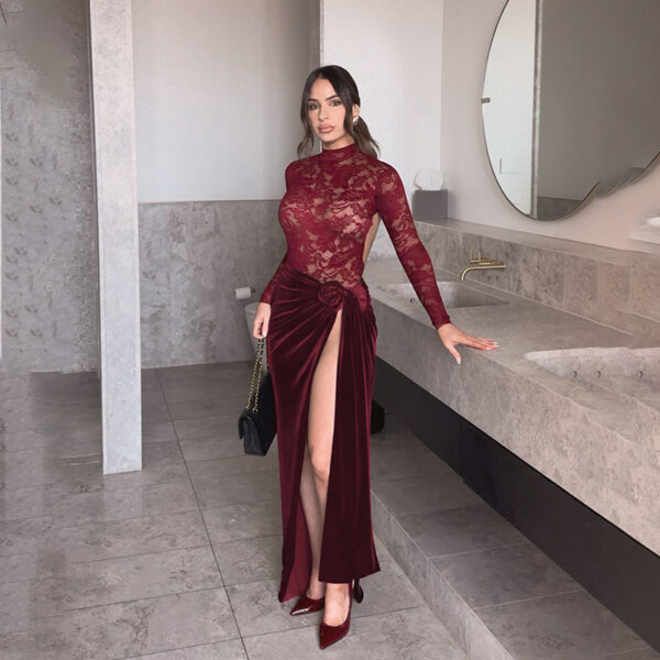 Sexy Slim-fitting Patchwork Lace Velvet Dress