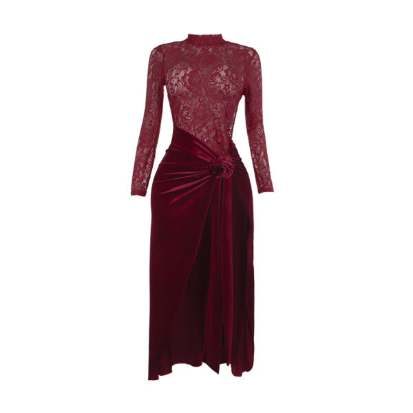 Sexy Slim-fitting Patchwork Lace Velvet Dress - Image 3