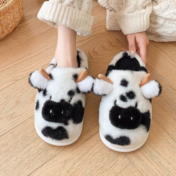 Cow Plush Slippers Winter Warm Indoor Bedroom Floor Fuzzy Slipper Couple Non-slip House Shoes, Cute Cartoon - Image 4