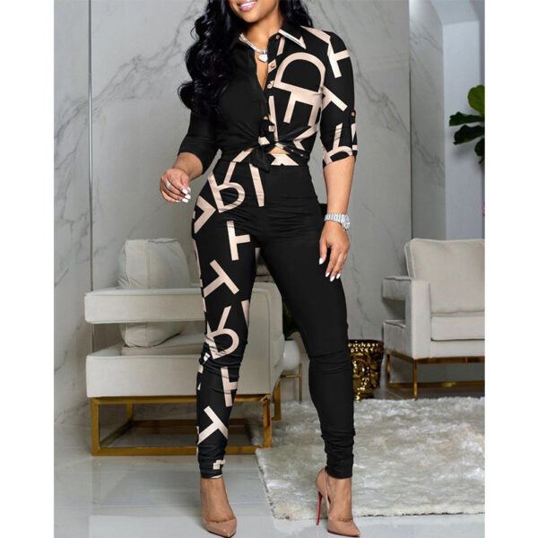 Women's Color Matching Printed Long-sleeved Lapel Shirt And Casual Pants Two-piece Suit - Image 3