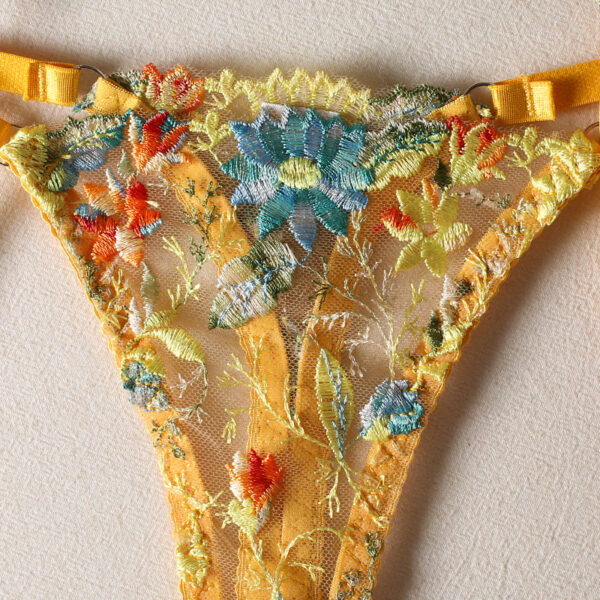 Yellow Flower Embroidered Bra Garter Suit - Image 4