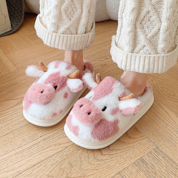 Cow Plush Slippers Winter Warm Indoor Bedroom Floor Fuzzy Slipper Couple Non-slip House Shoes, Cute Cartoon - Image 5