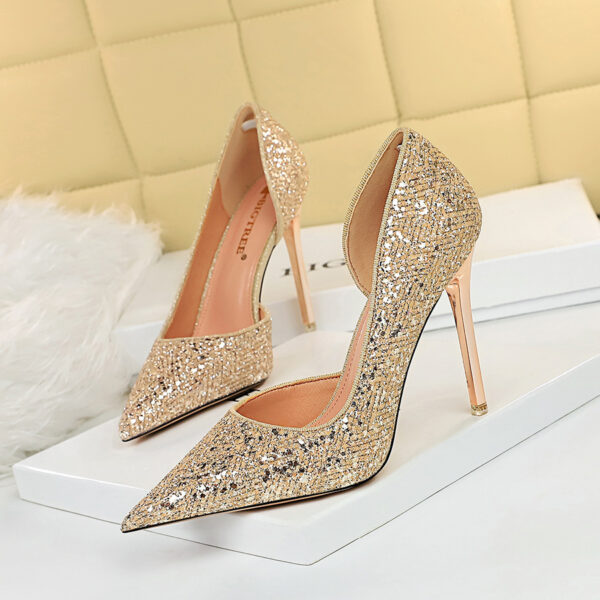 High-heel Sequined Shoes Shallow Mouth Pointed Toe Side Hollow Super