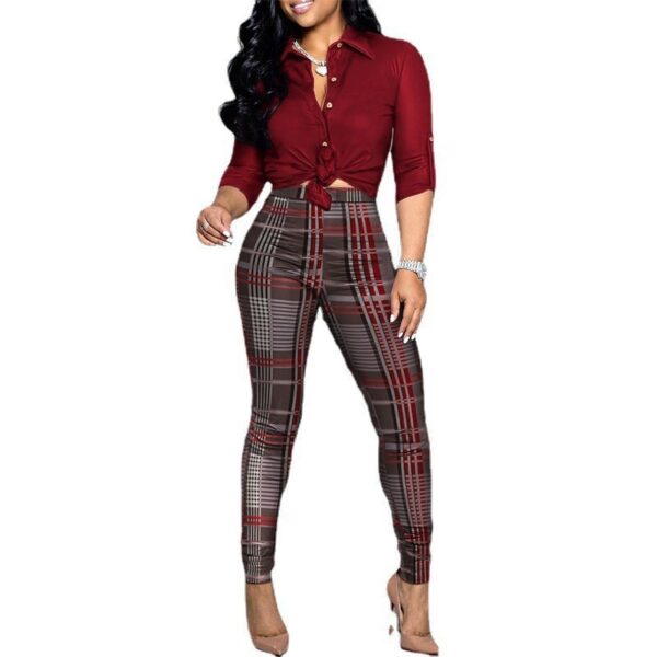 Women's Color Matching Printed Long-sleeved Lapel Shirt And Casual Pants Two-piece Suit - Image 7