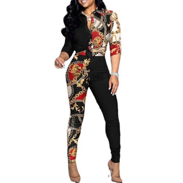 Women's Color Matching Printed Long-sleeved Lapel Shirt And Casual Pants Two-piece Suit - Image 4