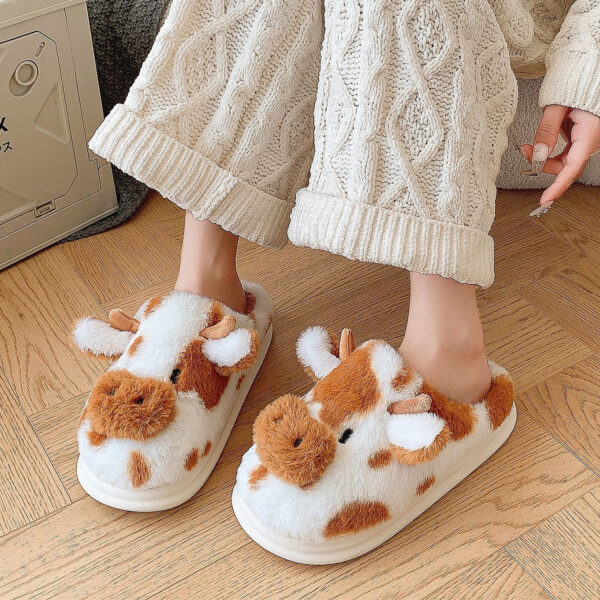 Cow Plush Slippers Winter Warm Indoor Bedroom Floor Fuzzy Slipper Couple Non-slip House Shoes, Cute Cartoon - Image 10