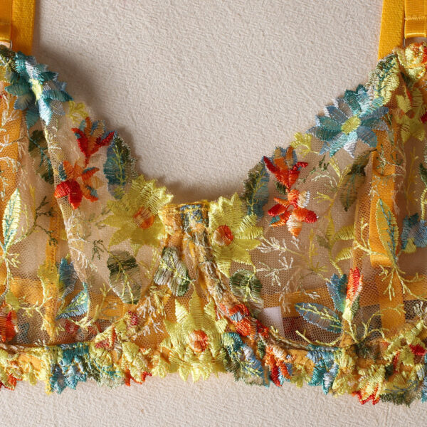 Yellow Flower Embroidered Bra Garter Suit - Image 2