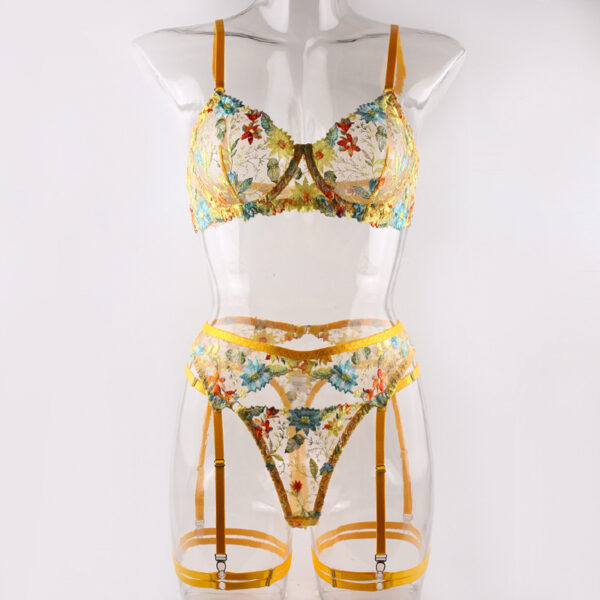 Yellow Flower Embroidered Bra Garter Suit - Image 9