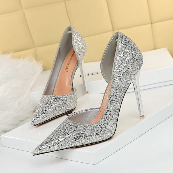 High-heel Sequined Shoes Shallow Mouth Pointed Toe Side Hollow Super - Image 3