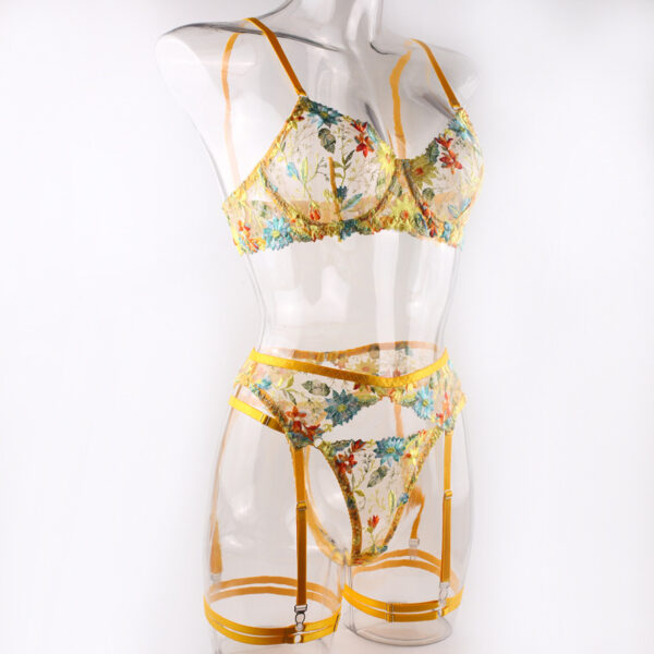 Yellow Flower Embroidered Bra Garter Suit - Image 5