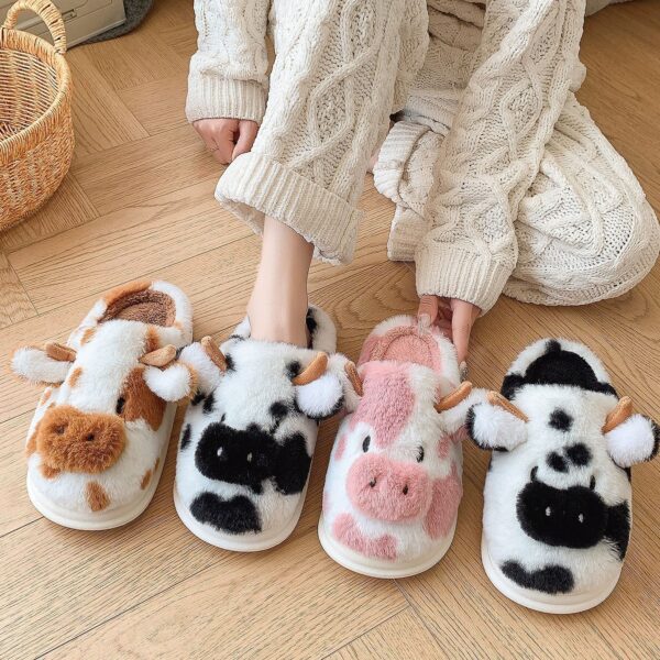 Cow Plush Slippers Winter Warm Indoor Bedroom Floor Fuzzy Slipper Couple Non-slip House Shoes, Cute Cartoon