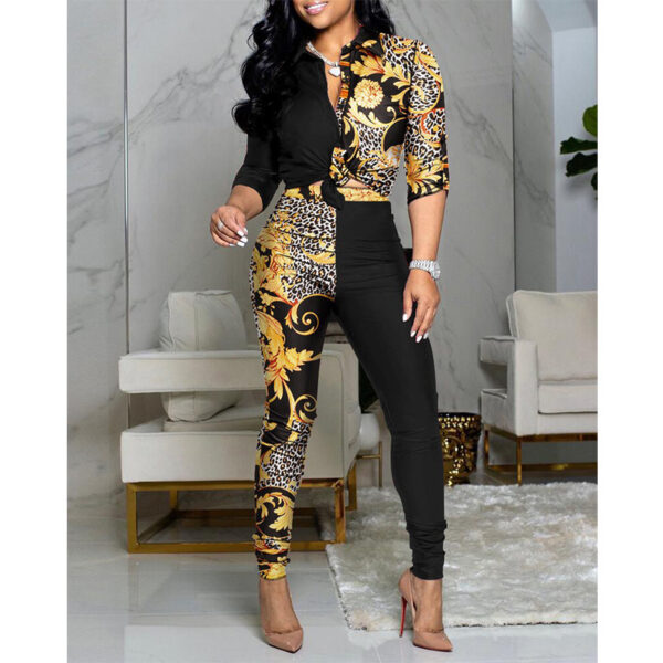 Women's Color Matching Printed Long-sleeved Lapel Shirt And Casual Pants Two-piece Suit - Image 2