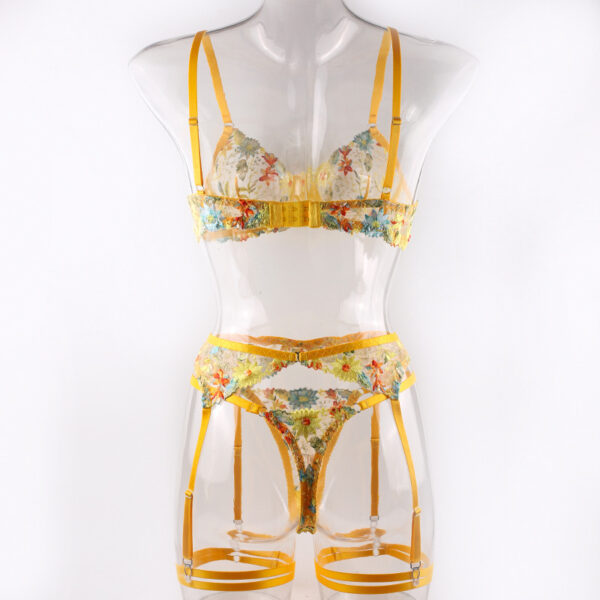 Yellow Flower Embroidered Bra Garter Suit - Image 8