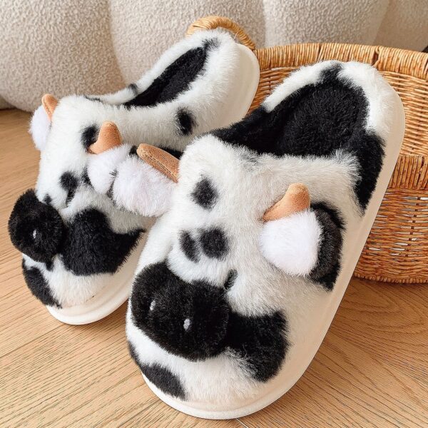 Cow Plush Slippers Winter Warm Indoor Bedroom Floor Fuzzy Slipper Couple Non-slip House Shoes, Cute Cartoon - Image 2